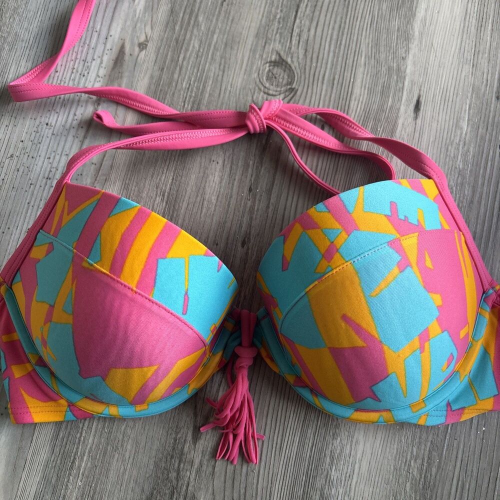 Aerie Neon 80s Style Geometric Hot Pink Swim Bikini Top Halter 36C